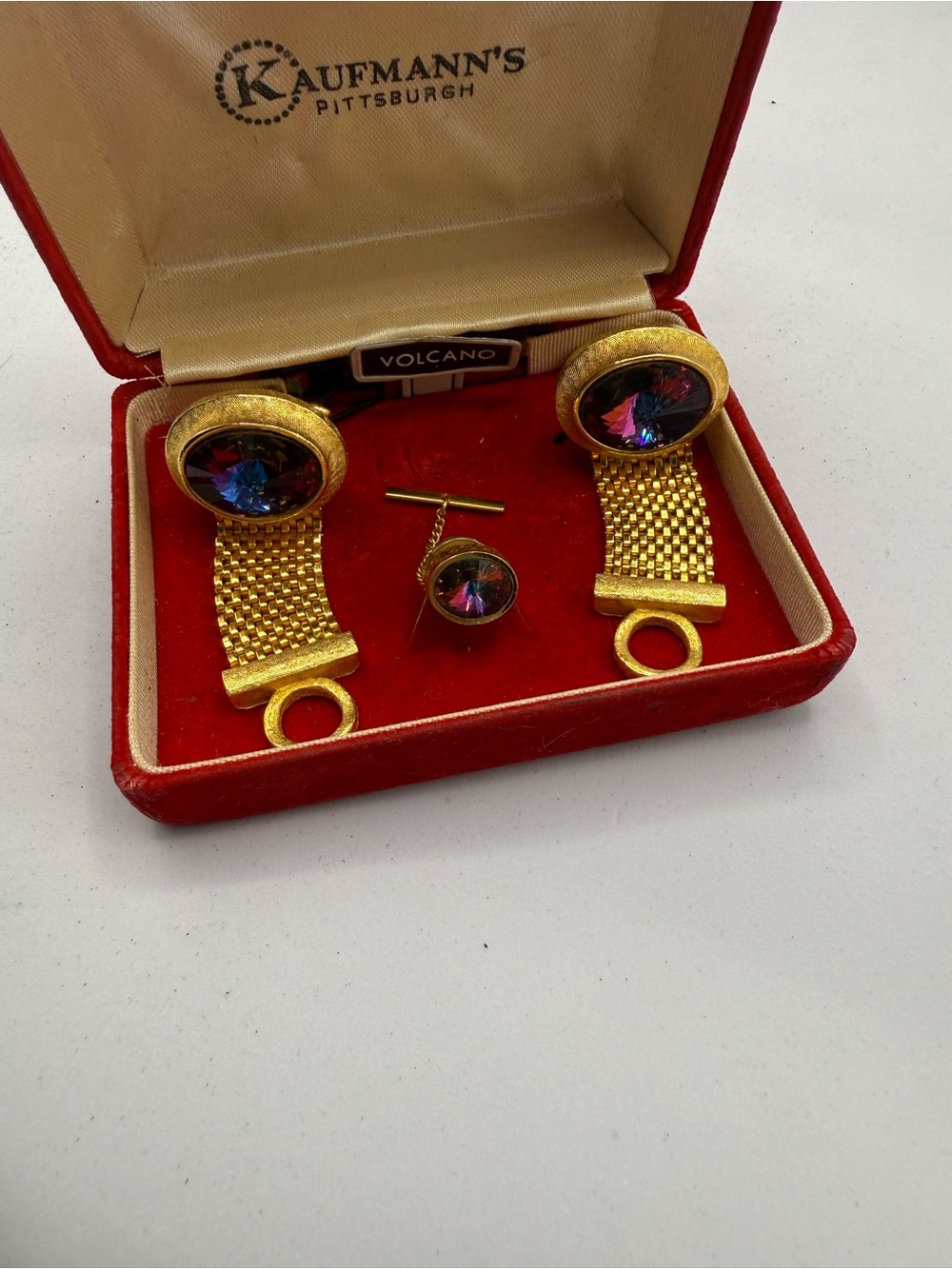 Gold-Tone MESH CUFFLINKS & MATCHING TIE PIN with Rivoli Iridescent Stones